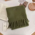 Solid green knitted wool winter scarf with fringe, cozy short neck warmer for cold weather - Army Green / 170*22cm