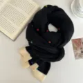 Winter women's black knitted scarf with colorful dots and beige ribbed ends, casual chic style. - Black / 145*21cm
