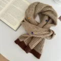 Winter knitted scarf for women, warm chunky wool neck warmer, cozy ribbed design with dots. - Khaki / 145*21cm