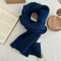 Winter dark blue ribbed knit scarf for women and men, cozy thick warm woolen neck wrap. - 156*22cm / Navy Blue