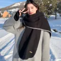 Korean style winter warm black knit scarf with white contrast stitch edge for women - Black