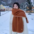 Cozy winter caramel brown wool blend scarf with chic white blanket stitch edges for women. - Caramel color