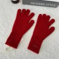 Women red winter warm knitted gloves five-finger touch screen solid color soft wool gloves - One Size / Jujube Red