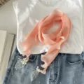 Pink pleated small neckerchief with cute leaf pendant, versatile stylish fashion accessory. - 130*16cm / Pink