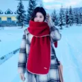 Korean style winter warm wool scarf with white lock-stitch edge, soft and cozy red neck warmer. - Red