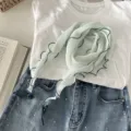 Light green pleated scarf, wavy dark blue edge, stylish leaf pendant, neckerchief variant - 130*16cm / Mint Green