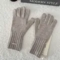 Winter warm solid color knit five-finger gloves in camel, versatile touchscreen wool gloves for women - One Size / Oatmeal Khaki