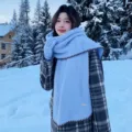 Cozy wool-blend light blue scarf with contrast stitching, winter warm neckwear for women. - Light Blue