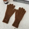 Women winter warm brown knit gloves with ribbed cuff stylish cozy solid color daily wear - One Size / Caramel color