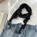 Black crinkled scarf for women featuring delicate leaf pendants, versatile fashion neckerchief. - 130*16cm / Black