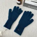Winter warm solid color knit five-finger gloves cozy thick wool blend daily cold weather wear - One Size / Navy Blue