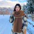 Winter warm brown wool scarf with white stitching, stylish Korean style fashion accessory for women. - Coffee