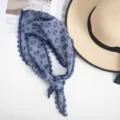 Vintage blue white checkered bandana with delicate lace trim, pastoral style silk-like scarf. - Navy Blue