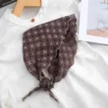 Brown plaid triangular scarf with delicate embroidery, stylish hair band and small neck scarf. - Purple and Coffee