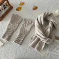 Cozy beige knit scarf and split-finger gloves set, winter warm wool blend matching accessories. - Beige