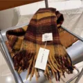 Maillard retro plaid fringe scarf for women, warm winter autumn preppy style grid shawl. - 208*50cm / Yellow/Red