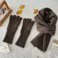 Autumn winter knit scarf and split finger gloves set warm cozy brown apparel accessory. - Coffee