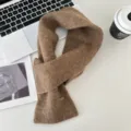Brown knitted cross scarf, stylish woolen short neck warmer, cozy winter fashion accessory. - Mocha Chestnut / 80*12cm
