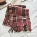 Cosy pink brown plaid scarf women winter warm cashmere feel fringe fashion wrap shawl - Korean Pink