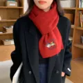 Red knit winter scarf for women, cute cartoon bear embroidery, cozy warm college style neck warmer. - Red