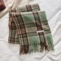 Autumn winter color block plaid scarf for women, warm fashion cashmere feel tassel shawl. - Light Green