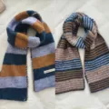 Knitted striped scarf, double-sided color block winter warm wool neck wrap for women. - Navy Purple Camel