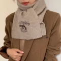 Cute cartoon couple dog embroidered knitted scarf for women autumn and winter warm style - Oatmeal Khaki