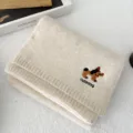 Cozy beige knit scarf featuring a cute embroidered puppy design, soft winter warm neck wrap. - Off White
