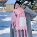 Chic women's thick winter scarf featuring a cute pocket and cozy braided tassels in pink. - Pink