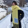 Winter thick yellow cashmere-feel scarf with blue pocket and fringe, warm cozy neck wrap. - Yellow