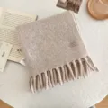 Cozy winter knitted wool short scarf with fringe and metal tag detail for women warm daily - Beige / 170*22cm