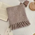 Cozy brown wool winter scarf with stylish fringes and metal tag, soft daily warmth accessory. - Oatmeal Khaki / 170*22cm