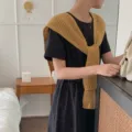 Knitted hollow out women small shawl, sweet solid color tied bolero fake collar for daily wear outfit. - Camel