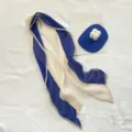 Pleated color-block skinny scarf, chic twilly for hair ribbon or bag accessory, elegant style. - Royal Blue and Rice
