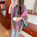 Colorful Bohemian Knitted Shawl Ethnic Zigzag Tassel Cape Women Warm Winter Outerwear - Vintage Ethnic Light Pink