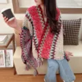 Boho ethnic style knitted poncho cape for women, cozy tassel wrap shawl for travel and daily wear. - Vintage Ethnic Rose Red
