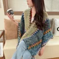 Bohemian multicolor zigzag knit poncho shawl, ethnic style women's cozy winter cape outerwear. - Vintage Ethnic Ocean Blue