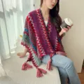 Ethnic style colorful knitted poncho shawl for women, perfect for travel, vacation and casual daily wear. - Vintage Ethnic Rose Purple