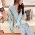 Ethnic knit poncho shawl with boho wave pattern and fringe hem, cozy outer wear for women. - Vintage Ethnic Light Blue