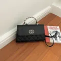 Black quilted PU leather shoulder crossbody bag with metal chain handle for women fashion - Black