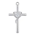Close-up detail of silver cross pendant featuring a sparkling heart-shaped zircon stone. - Pendant Only (Without Chain) / Bright Silver (PJ027)