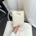 Beige woven PU leather mini crossbody phone bag with stylish toggle button closure. - White