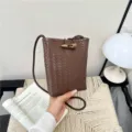 Brown woven PU leather crossbody phone bag with horn button stylish mini shoulder bag. - Dark Brown