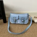 Light blue PU leather shoulder underarm bag with double front pockets and stylish metal buckles. - Blue