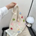 Sac cabas en tricot crochet fait main avec motifs de fleurs colorees sac epaule decontracte - Blanc