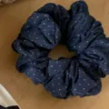 Close-up detail of retro polka dot washed fabric scrunchie, soft hair tie for daily wear. - 3# Blue