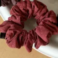 Red brown polka dot scrunchie detail view, soft brushed fabric ponytail holder fashion accessory. - 2# Red