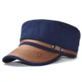 Casquette plate homme en coton visière simili cuir style militaire chapeau de soleil décontracté - M (56-58cm) / Bleu marine