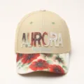 Detail view of stylish beige baseball cap featuring floral brim and Aurora embroidery. - Khaki 3