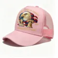 Pink trucker hat with US 250th anniversary embroidery, eagle and flag design for daily wear. - One Size / Pink